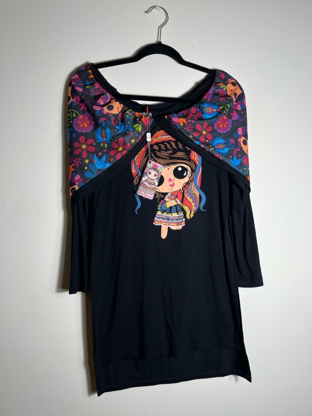 Ay Guey Graphic Mexican Folk Art Top Size Large Boho Black Blouse